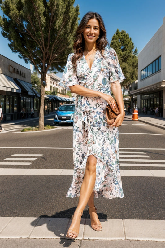 High-Low Printed Surplice Flutter Sleeve Midi Dress