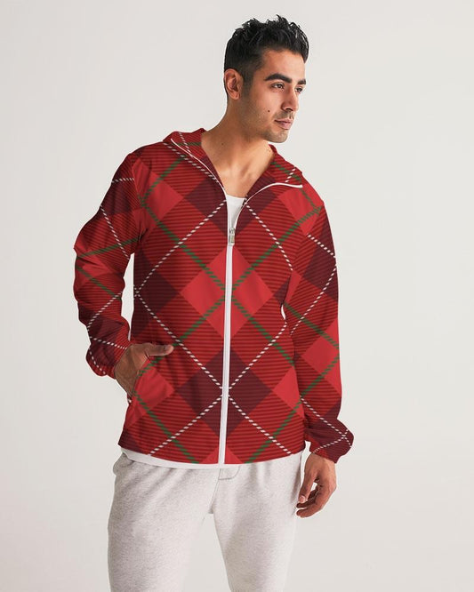 Mens Hooded Windbreaker - Red Tartan Plaid Water Resistant Jacket