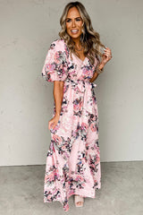 Pink Floral Puff Sleeve High Waist Maxi Dress