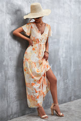 Floral Buttoned Drawstring Waist Tiered Dress