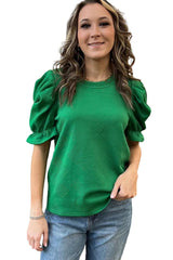 Dark Green Textured Ruffled Short Puff Sleeve Top