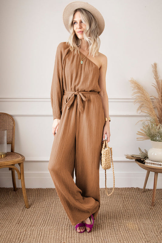 Texture Single Shoulder Tie-Waist Jumpsuit