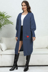 Lantern Sleeve Open Front Pocketed Cardigan