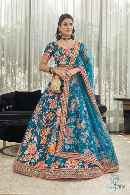 Semi Stiched teal Blue Solid Digital Printed Lehenga Choli Floral