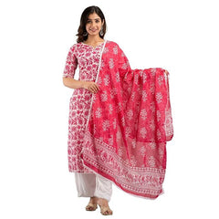 Women's Pink Flowar Printed Straight Kurta Allover lace Detailed Comes