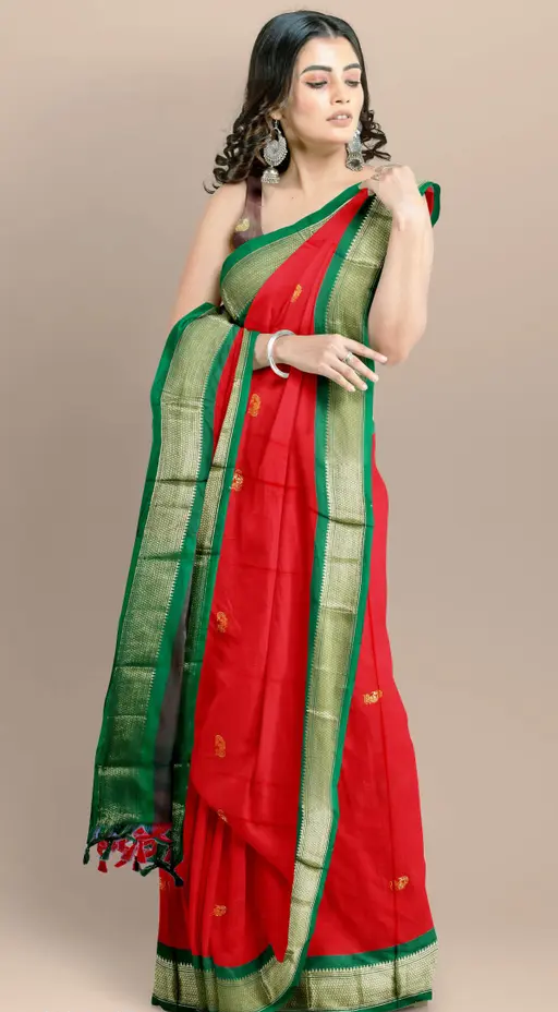 Women's Traditional Paithani Cotton Silk Saree With Contrast Blouse