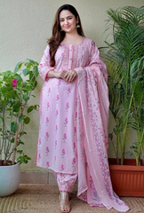 Women Light Pink Rayon kurti with afgani pant and dupatta set Size M