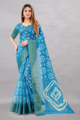 Women's Printed Bandhani Cotton Blend Saree Color Light Blue