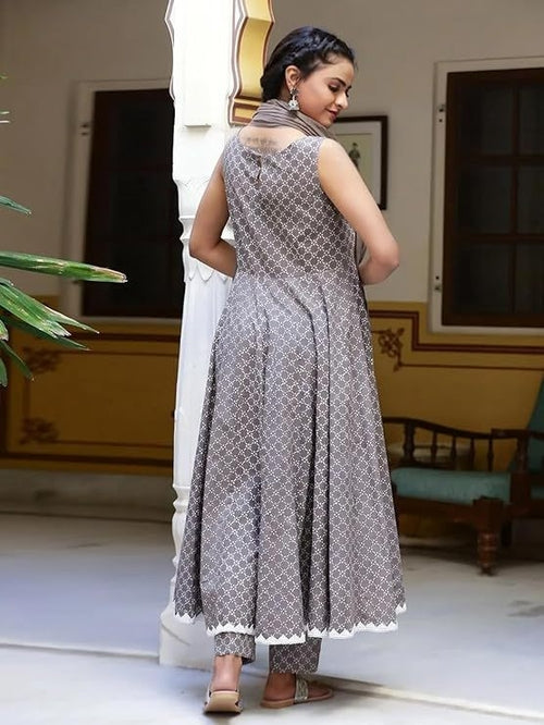 Women's Grey Cotton Printed Anarkali Kurta with Pant and Dupatta set