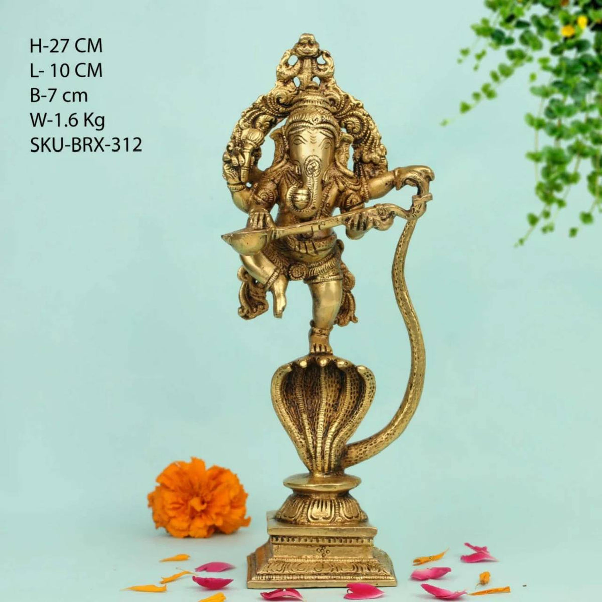 10"BRASS GANESH STANDING ON SNAKE