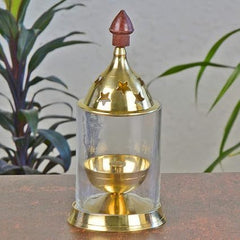 Brass Akhand Diya with Glass Cover PACK OF 1 GOLDEN