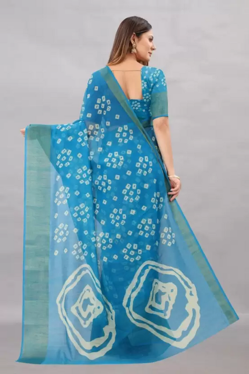 Women's Printed Bandhani Cotton Blend Saree Color Light Blue