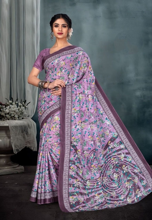 Printed Pure Cotton Saree With Printed Blouse Piece For Women Purple