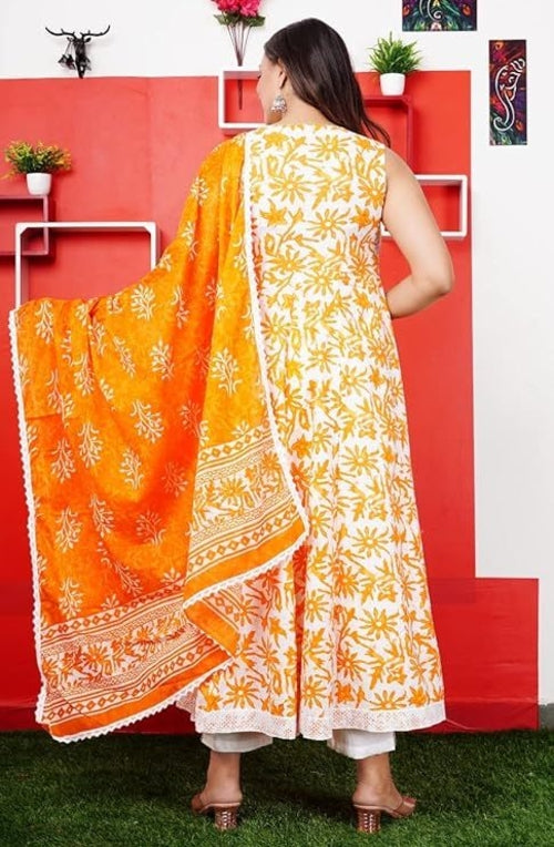 Women's Orange Cotton Floral Printed Anarkali Kurta with Dupatta set