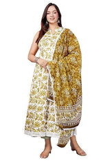 Women's GreenCotton Floral Printed Anarkali Kurta with Dupatta set