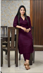 Women Wine Rayon kurti with pant set Size M