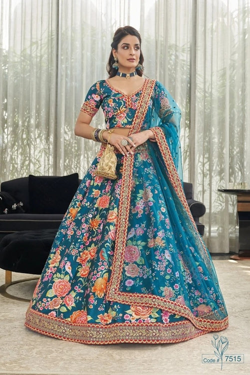 Custom Stiched + CanCan teal Blue Solid Digital Printed Lehenga Choli