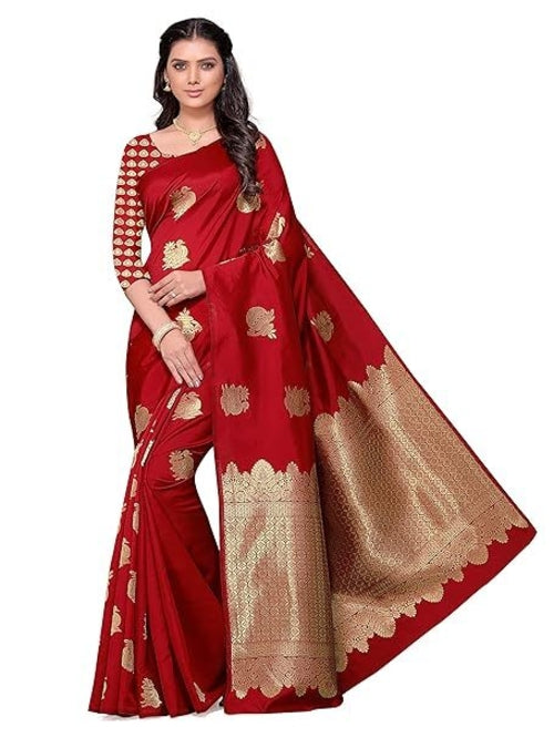 Pack Of 3 Women's Jacquard Banarasi Silk Saree with Blouse Piece, Red