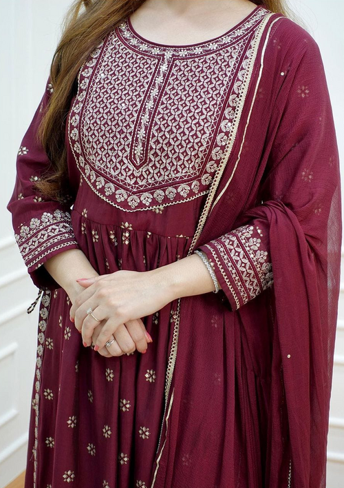 Women Maroon Rayon embroidery work nayra cut Kurti with pant and