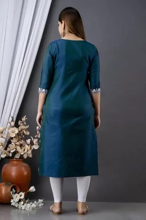 Women's Green Taffeta Silk Embroidered Kurta Size L