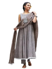 Women's Grey Cotton Printed Anarkali Kurta with Pant and Dupatta set