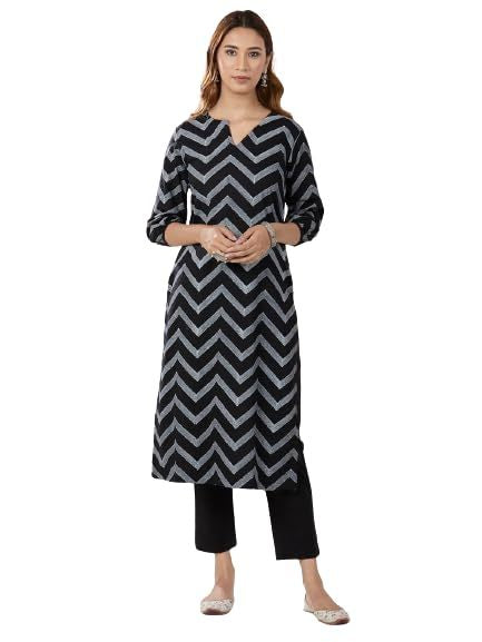 Women's Black Cotton Printed Straight Kurta with Pant set Size XL