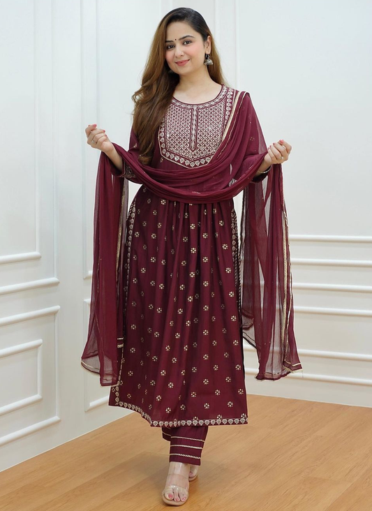 Women Maroon Rayon embroidery work nayra cut Kurti with pant and