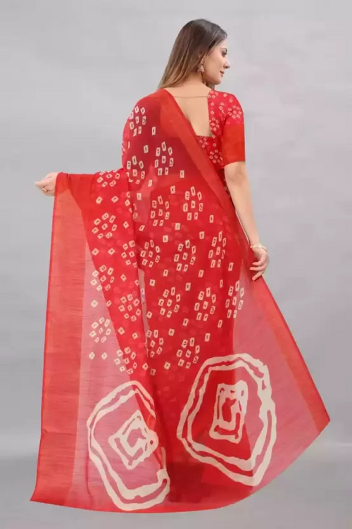 Women's Printed Bandhani Cotton Blend Saree Color Red