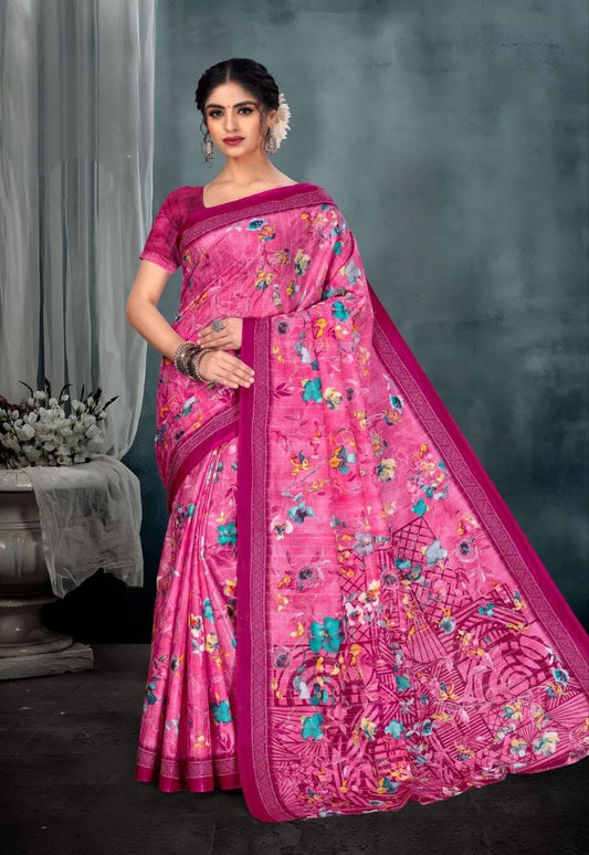 Printed Pure Cotton Saree With Printed Blouse Piece For Women Pink