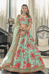 Semi Stiched Magnificent Mint Green Floral Printed Art Silk Lehenga