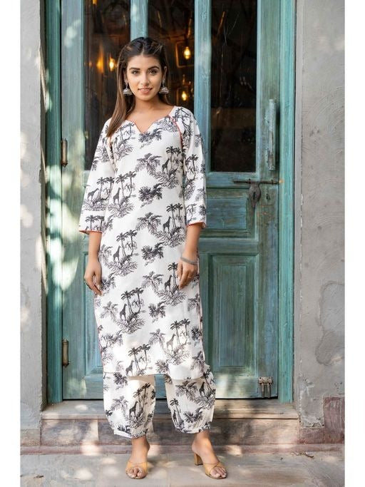 Black And White Printed Kurta (Set of 2)