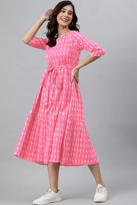 Women Printed Cotton Blend Ethnic Dress  (Pink) size XL