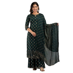 Green Rayon Gold Printed Straight Kurta with Sharara and Dupatta set