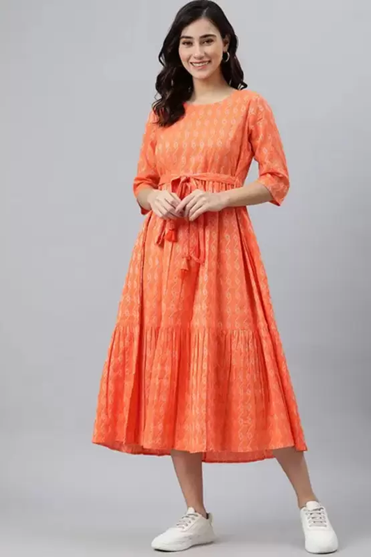 Women Printed Cotton Blend Ethnic Dress  (Orange) size XL