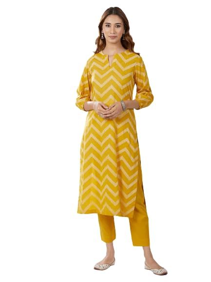 Women's Mustard Cotton Printed Straight Kurta with Pant set Size XL