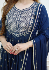 Women Dark Blue Rayon embroidery work nyra cut Kurti with pant and