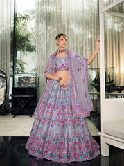 Semi Stiched Grey Silk Violet Sequin and Thread Work Designer Lehenga