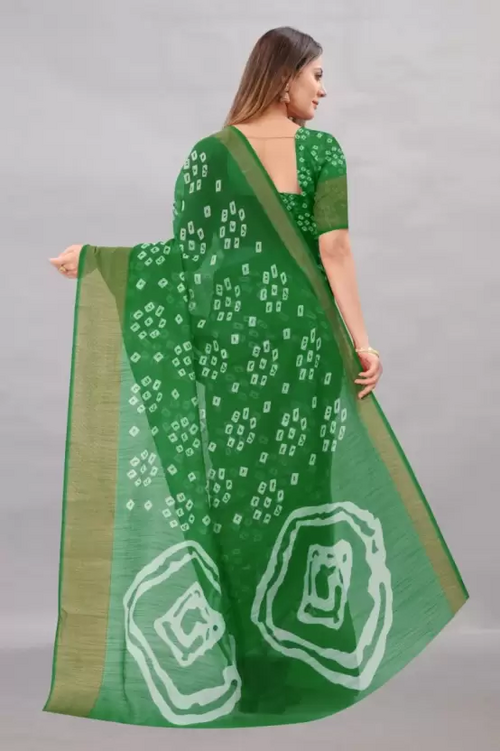 Women's Printed Bandhani Cotton Blend Saree Color Green