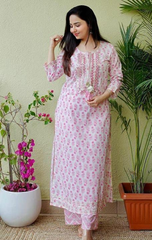 Women Pink Rayon embroidery work kurti with pant set Size XL