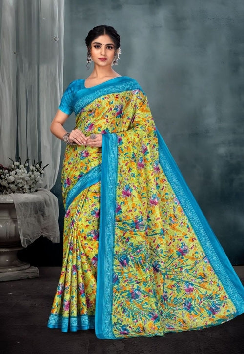 Printed Pure Cotton Saree With Printed Blouse Piece For Women Yellow