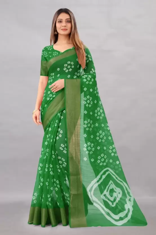 Women's Printed Bandhani Cotton Blend Saree Color Green