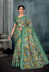 Printed Pure Cotton Saree With Printed Blouse Piece For Women Green