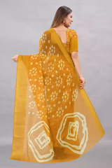 Women's Printed Bandhani Cotton Blend Saree Color Yellow