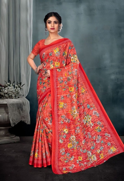 Printed Pure Cotton Saree With Printed Blouse Piece For Women Red