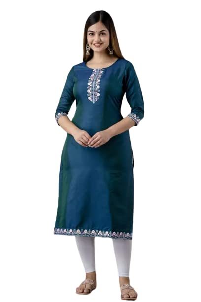 Women's Green Taffeta Silk Embroidered Kurta Size L