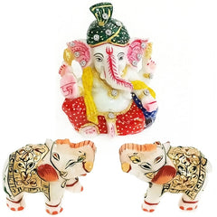 Ganesh Idol for Car Dashboard with Marble Elephant for Diwali Gift