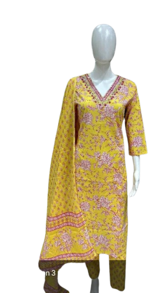 Women Cotton A Line Embroidered Kurti With Paint Dupatta Size L Color