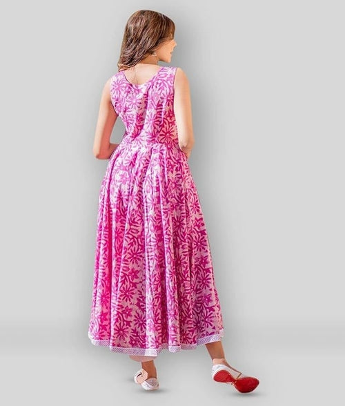 Women's Pink Cotton Floral Printed Anarkali Kurta with Dupatta set