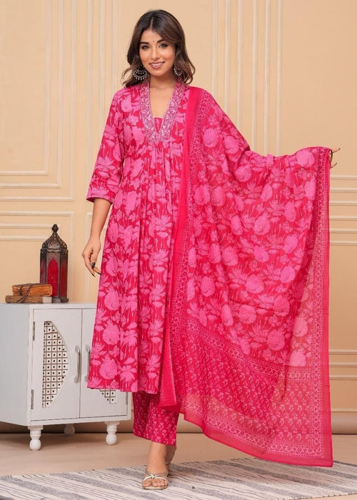 Embroidered Kurta Trouser Pant & Dupatta Set Size Xl Color Pink