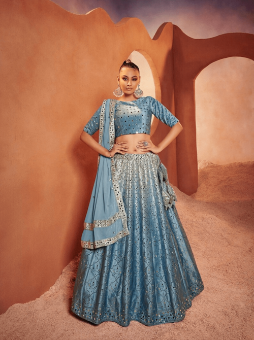 Semi Stiched Aqua Silk A Line Lehenga Choli, Bridesmaids Special